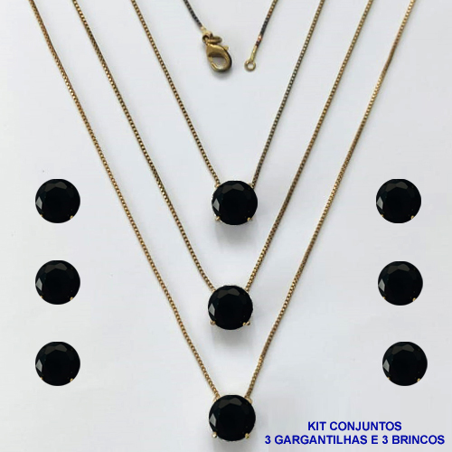 CONJUNTO NO BRUTO PRONTO PARA O BANHO - KIT COM 3 GARGANTILHAS COM CORRENTES VENEZIANAS 45CM E 3 PARES DE BRINCOS COM BASES EM ALTA FUSÃO E PINGENTES EM ZIRCÔNIAS REDONDAS PRETA 10X10CM - PESO TOTAL 13,3GR - BRU16187