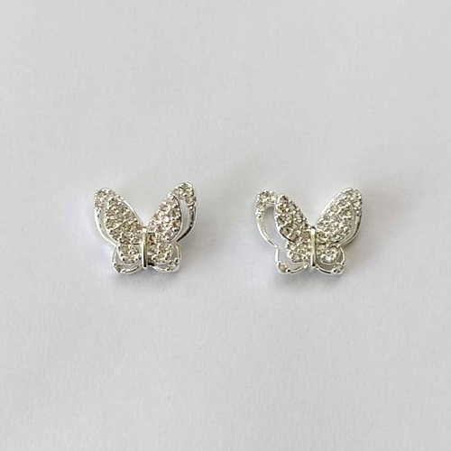 BRINCO FOLHEADO A PRATA COM 50 MILÉSIMOS + VERNIZ DIAMOND - BRINCO DE PINO BORBOLETA COM ZIRCÔNIAS 9MM - PRA620