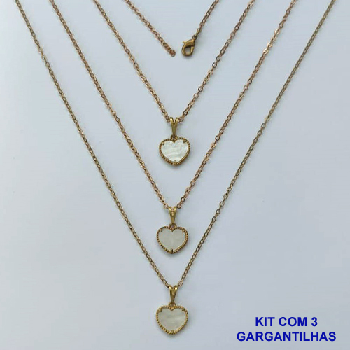 GARGANTILHA NO BRUTO PRONTA PARA O BANHO - KIT COM 3 CORRENTES CADEADOS 45CM E PINGENTES CORAÇÃO EM RESINA MADRE PÉROLA 10MM - PESO TOTAL 5,4GR - BRU16188
