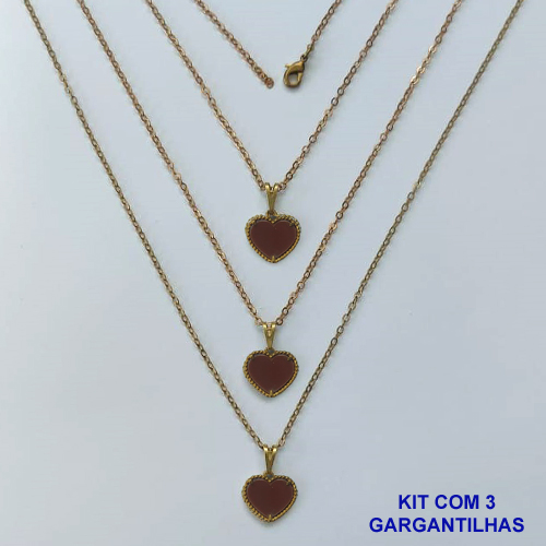 GARGANTILHA NO BRUTO PRONTA PARA O BANHO - KIT COM 3 CORRENTES CADEADOS 45CM E PINGENTES CORAÇÃO EM RESINA MARROM 10MM - PESO TOTAL 5,4GR - BRU16189