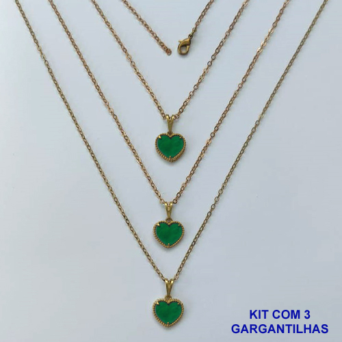 GARGANTILHA NO BRUTO PRONTA PARA O BANHO - KIT COM 3 CORRENTES CADEADOS 45CM E PINGENTES CORAÇÃO EM RESINA VERDE 10MM - PESO TOTAL 5,4GR - BRU16190