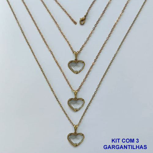 GARGANTILHA NO BRUTO PRONTA PARA O BANHO - KIT COM 3 CORRENTES CADEADOS 45CM E PINGENTES CORAÇÃO EM VIDRO CRISTAL 10MM - PESO TOTAL 6,1GR - BRU16191