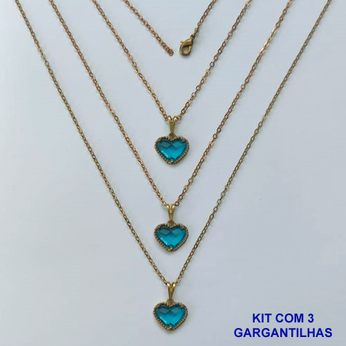 GARGANTILHA NO BRUTO PRONTA PARA O BANHO - KIT COM 3 CORRENTES CADEADOS 45CM E PINGENTES CORAÇÃO EM VIDRO AZUL 10MM - PESO TOTAL 6,1GR - BRU16192