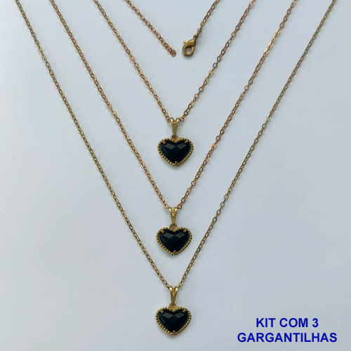 GARGANTILHA NO BRUTO PRONTA PARA O BANHO - KIT COM 3 CORRENTES CADEADOS 45CM E PINGENTES CORAÇÃO EM VIDRO PRETO 10MM - PESO TOTAL 6,1GR - BRU16193