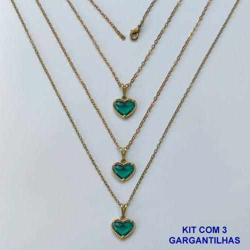 GARGANTILHA NO BRUTO PRONTA PARA O BANHO - KIT COM 3 CORRENTES CADEADOS 45CM E PINGENTES CORAÇÃO EM VIDRO VERDE 10MM - PESO TOTAL 6,1GR - BRU16194