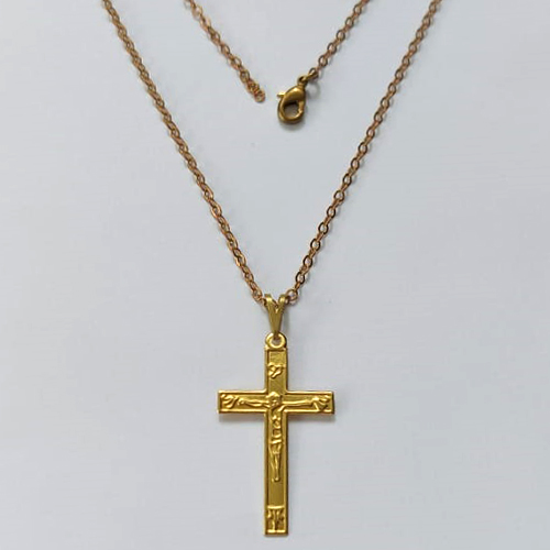 GARGANTILHA NO BRUTO PRONTA PARA O BANHO - (00059) GARGANTILHA COM CORRENTE CADEADO COM PINGENTE CRUCIFIXO 28MM - PESO: 1,7GR - COMPOSIÇÃO: 100% LATÃO - BRU16197