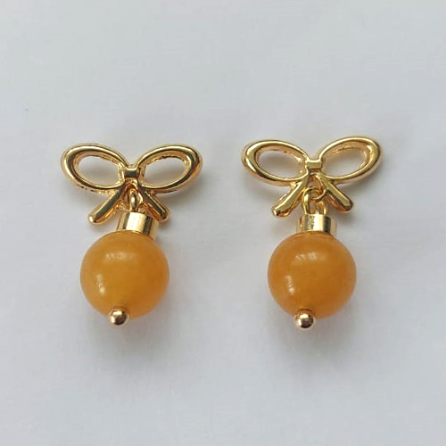 BRINCO FOLHEADO A OURO - BANHADO COM 5 MILÉSIMOS + VERNIZ DIAMOND - BRINCO DE PINO BASE LACINHO VAZADO E PINGENTE PEDRA NATURAL ÁGATA 8MM - OURO593