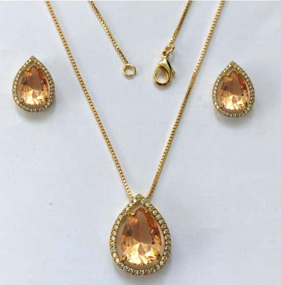 CONJUNTO NO BRUTO PRONTO PARA O BANHO/COM CORRENTE VENEZIANA 45CM / BRINCO TAMANHO 6X8MM E PINGENTE 10X14 - BASE EM ALTA FUSÃO TODO CRAVEJADO E COM PEDRA DE ZIRCONIA(PESO DO CONJUNTO 6.6GR - - BRU3331
