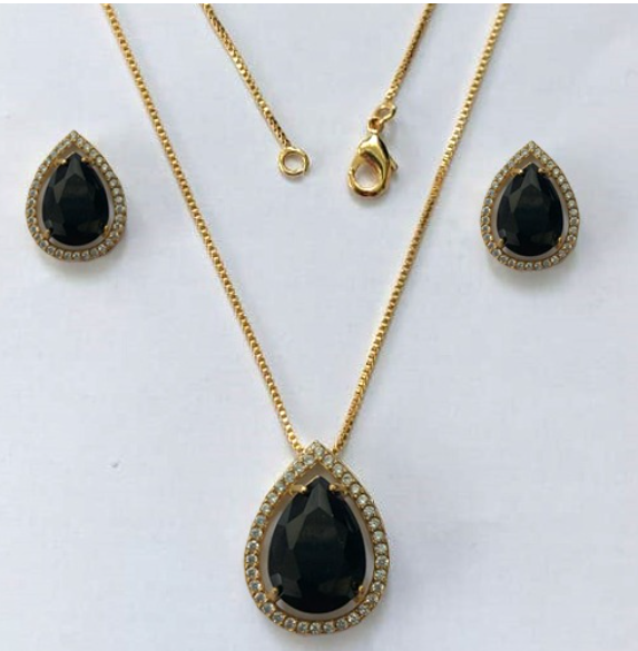 CONJUNTO NO BRUTO PRONTO PARA O BANHO/COM CORRENTE VENEZIANA 45CM / BRINCO TAMANHO 6X8MM E PINGENTE 10X14 - BASE EM ALTA FUSÃO TODO CRAVEJADO E COM PEDRA DE ZIRCONIA(PESO DO CONJUNTO 6.6GR - - BRU3332