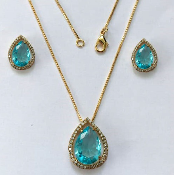 CONJUNTO NO BRUTO PRONTO PARA O BANHO/COM CORRENTE VENEZIANA 45CM / BRINCO TAMANHO 6X8MM E PINGENTE 10X14 - BASE EM ALTA FUSÃO TODO CRAVEJADO E COM PEDRA DE ZIRCONIA(PESO DO CONJUNTO 6.6GR - - BRU3334