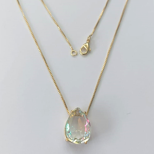 GARGANTILHA FOLHEADA A OURO - BANHADO COM 5 MILÉSIMOS + VERNIZ DIAMOND - CORRENTE VENEZIANA 45CM E PINGENTE EM ZIRCÔNIA CRISTAL 12X18MM - OURO717