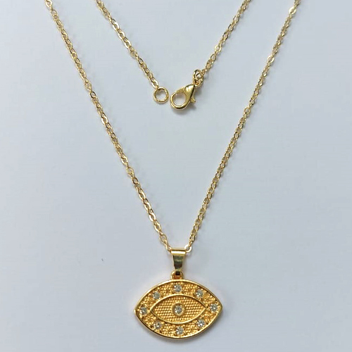 GARGANTILHA FOLHEADA A OURO 5 MILÉSIMOS + VERNIZ DIAMOND - CORRENTE CADEADO 45CM E PINGENTE OLHO GREGO COM ZIRCÔNIAS 21MM - OURO829