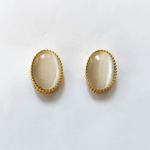 BRINCO FOLHEADO A OURO - BANHADO COM 5 MILÉSIMOS + VERNIZ DIAMOND - BRINCO DE PINO COM PEDRA OLHO DE GATO 15X20MM - OURO864