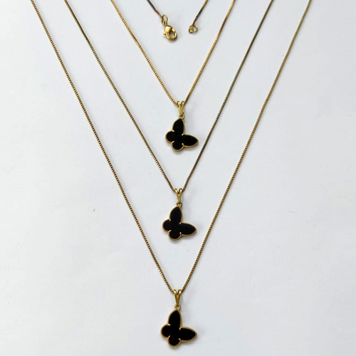 GARGANTILHA NO BRUTO PRONTA PARA O BANHO - KIT COM 3 CORRENTES VENEZIANAS 45CM E PINGENTES BORBOLETAS EM RESINA PRETA 14MM - PESO TOTAL 5,8GR - BRU16318