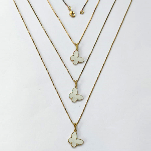 GARGANTILHA NO BRUTO PRONTA PARA O BANHO - KIT COM 3 CORRENTES VENEZIANAS 45CM E PINGENTES BORBOLETAS EM RESINA MADRE PÉROLA 14MM - PESO TOTAL 5,8GR - BRU16319