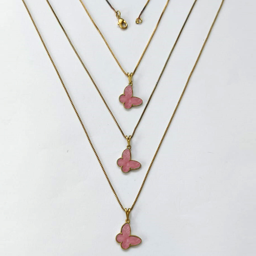 GARGANTILHA NO BRUTO PRONTA PARA O BANHO - KIT COM 3 CORRENTES VENEZIANAS 45CM E PINGENTES BORBOLETAS EM RESINA ROSA 14MM - PESO TOTAL 5,8GR - BRU16320