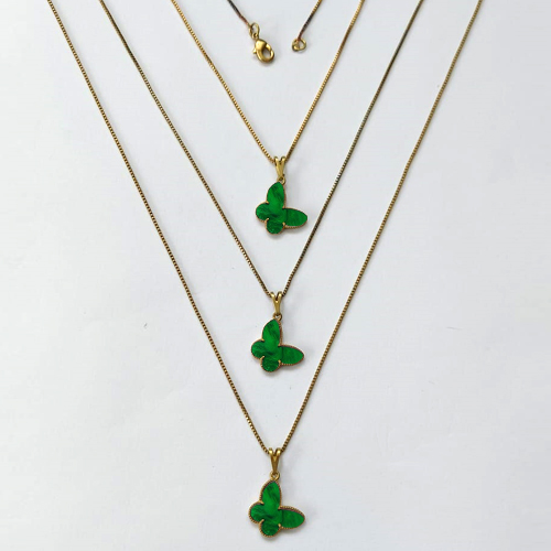 GARGANTILHA NO BRUTO PRONTA PARA O BANHO - KIT COM 3 CORRENTES VENEZIANAS 45CM E PINGENTES BORBOLETAS EM RESINA VERDE 14MM - PESO TOTAL 5,8GR - BRU16321