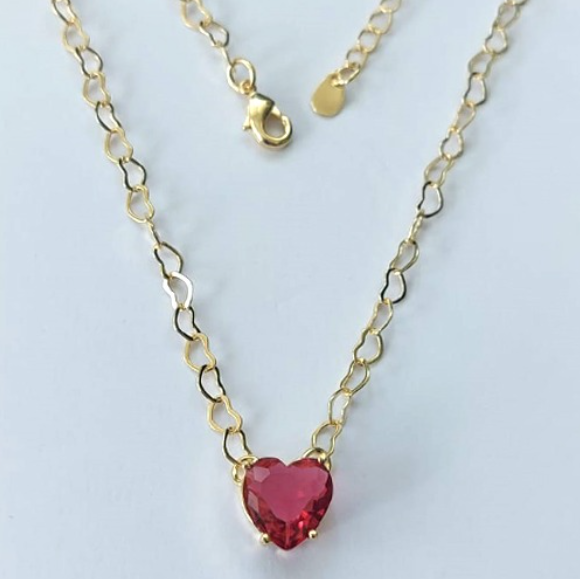 SHOCKER FOLHEADO A OURO 5 MILÉSIMOS + VERNIZ DIAMOND - CORRENTE DE CORAÇÃO 40CM + EXTENSOR E FECHO LAGOSTA - PINGENTE ZIRCÔNIA FORMATO CORAÇÃO 10MM - OURO891