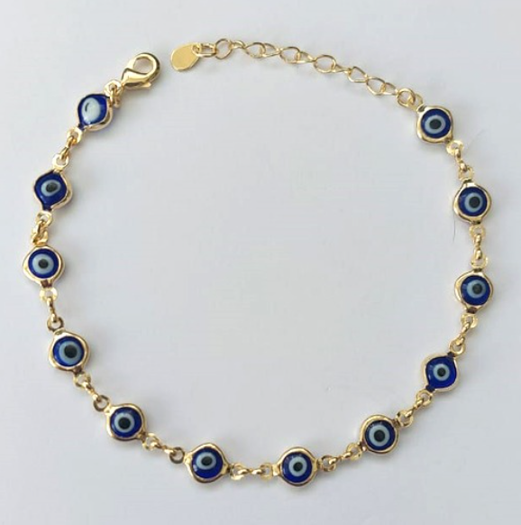 PULSEIRA FOLHEADO A OURO - BANHADO COM 5 MILÉSIMOS + VERNIZ DIAMOND - TODA EM OLHO GREGO DE 6MM TAMANHO18CM- OURO907