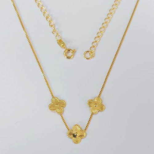 GARGANTILHA FOLHEADA A OURO - BANHADO COM 5 MILÉSIMOS + VERNIZ DIAMOND - (GARG20) GARGANTILHA 45CM + EXTENSOR COM TREVOS TIPO VAN CLEEF 10MM - OURO919