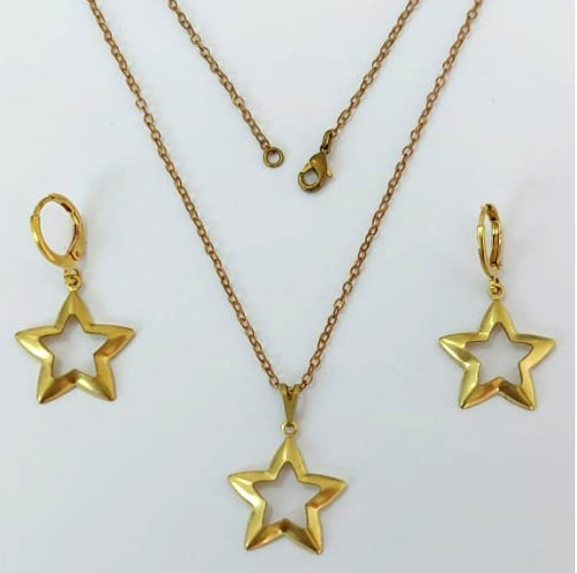 CONJUNTO NO BRUTO PRONTO PARA O BANHO - (E3211) ESTRELA VASADO 18MM / CONJUNTO COM CORRENTE CADEADO 45CM COM BRINCOS ARGOLINHA DE PRESSÃO - PESO: 4.7GR - COMPOSIÇÃO: 100% LATÃO - BRU0003445