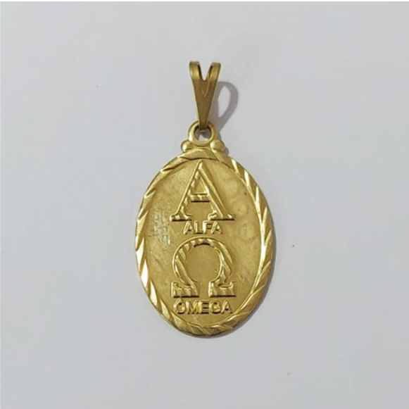 PINGENTE NO BRUTO PRONTO PARA O BANHO (100% LATÃO )(5216) -Oval 20mm Alfa Ômega/verso Versiculo Ap 1:8 - PESO: 1.4GR - BRU0003464