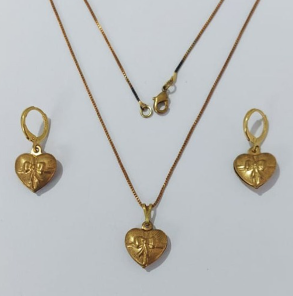 CONJUNTO NO BRUTO PRONTO PARA O BANHO COM CORRENTE VENEZIANA DE 45CM (100% LATÃO )(E1222) -Coração com laço duplo 14MM-( PESO: 5.1GR - BRU0003475