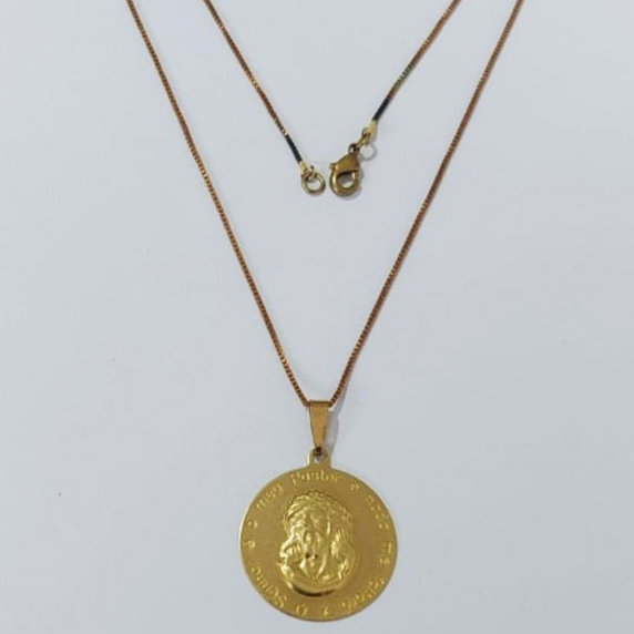 GARGANTILHA NO BRUTO PRONTO PARA O BANHO COM CORRENTE VENEZIANA DE 45CM (100% LATÃO )(E3023) -Medalha c/ Salmo e face 28MM -( PESO: 3.9GR - BRU0003482