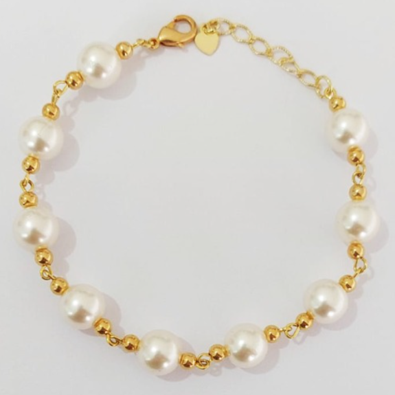 PULSEIRA FOLHEADO A OURO - BANHADO COM 5 MILÉSIMOS + VERNIZ DIAMOND - PULSEIRA TODA EM PEROLAS CASTROADAS ( TAMANHO 18CM+EXTENSOR- OURO949