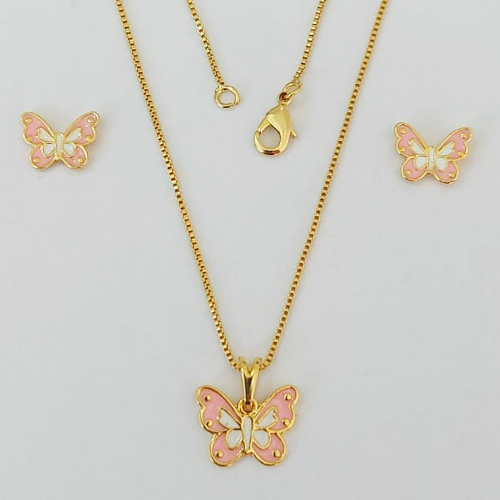 CONJUNTO FOLHEADO A OURO - BANHADO COM 5 MILÉSIMOS + VERNIZ DIAMOND(CJI417) - CONJUNTO COM BRINCOS DE PINO BORBOLETA E PINGENTE BORBOLETA ROSA 13MM - OURO954