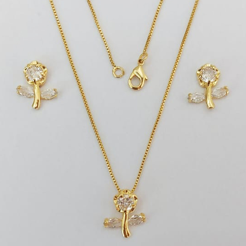 CONJUNTO FOLHEADO A OURO - BANHADO COM 5 MILÉSIMOS + VERNIZ DIAMOND(CJA1114) - CONJUNTO COM BRINCOS DE PINO FLOR DE ZIRCÔNIA E PINGENTE FLOR DE ZIRCÔNIA 12MM - OURO957