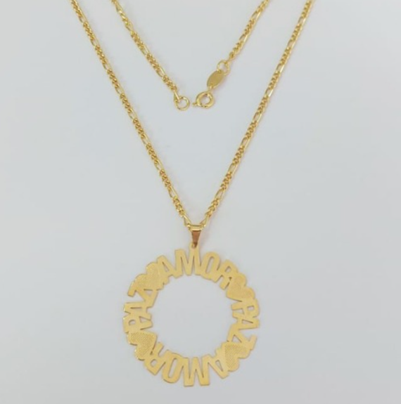 GARGANTILHA FOLHEADO A OURO - BANHADO COM 5 MILÉSIMOS + VERNIZ DIAMOND -COM CORRENTE 5X1 -MANDALA AMOR E PAZ - OURO966