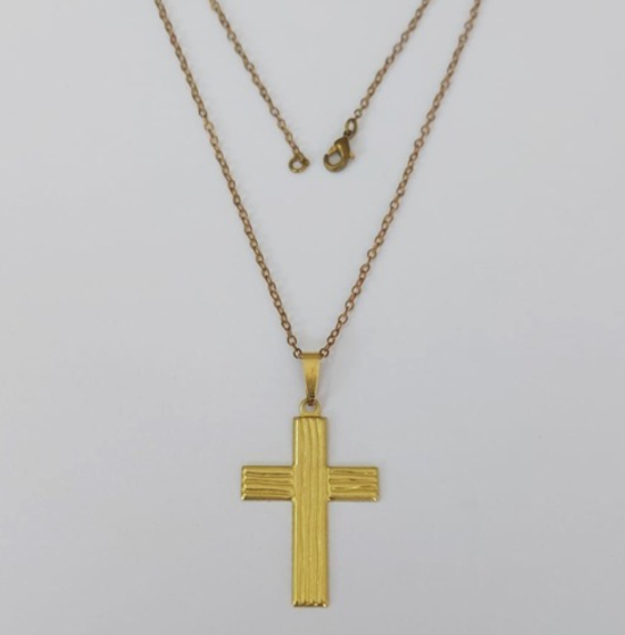 GARGANTILHA NO BRUTO PRONTO PARA O BANHO(E1792)- COM CORRENTE CADEADO DE 45CM COM FECHO LAGOSTA (Cruz quadrada grande madeira) 35MM / PESO 3.2GR - BRU0003508