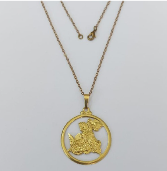 GARGANTILHA NO BRUTO PRONTO PARA O BANHO(534)- COM CORRENTE CADEADO DE 45CM COM FECHO LAGOSTA (Pingente Sao Jorge Vazado 30mm) / PESO 4.8GR - BRU0003509