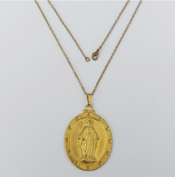 GARGANTILHA NO BRUTO PRONTO PARA O BANHO(487)- COM CORRENTE CADEADO DE 45CM COM FECHO LAGOSTA ( Pingente Oval N.s. Das Graças 40x33 )/ PESO 5.1GR - BRU0003511