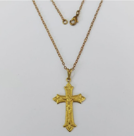 GARGANTILHA NO BRUTO PRONTO PARA O BANHO(04)- COM CORRENTE CADEADO DE 45CM COM FECHO LAGOSTA ( Cruz Portuguesa C/ Cristo 30mm )/ PESO 3.6GR - BRU0003515