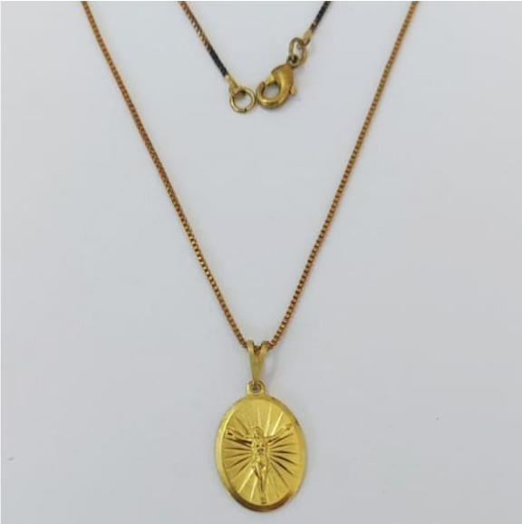 GARGANTILHA NO BRUTO PRONTO PARA O BANHO(4357)- COM CORRENTE VENEZIANA DE 45CM COM FECHO LAGOSTA( Oval C/ Cristo 18mm)/ PESO 3.4GR - BRU0003551