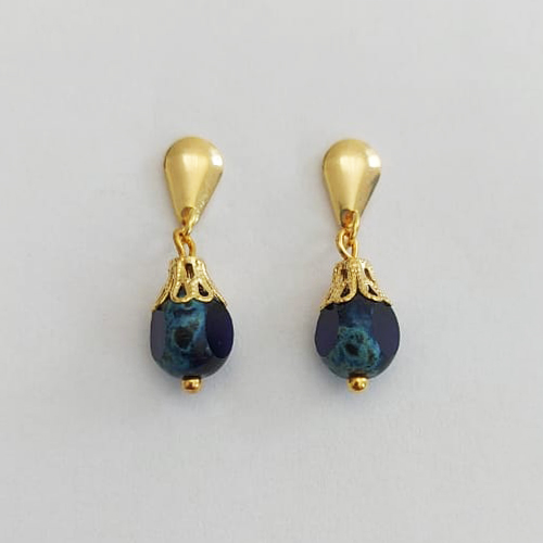 BRINCO FOLHEADO A OURO - BANHADO COM 5 MILÉSIMOS + VERNIZ DIAMOND - BRINCO PINO BASE LISA PINGENTE PEDRA NATURAL traide azulão 6mm - OURO1031