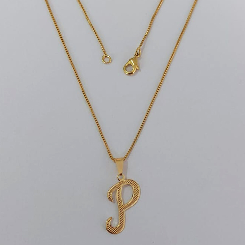 GARGANTILHA FOLHEADO A OURO - BANHADO COM 5 MILÉSIMOS + VERNIZ DIAMOND - CORRENTE DE 45CM VENEZIANA PINGENTE LETRA P 12MM- OURO1091