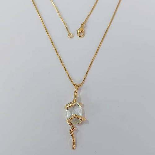 GARGANTILHA FOLHEADO A OURO - BANHADO COM 5 MILÉSIMOS + VERNIZ DIAMOND - CORRENTE DE 45CM VENEZIANA PINGENTE ZIRCÔNIA CRISTAL 12MM- OURO1092