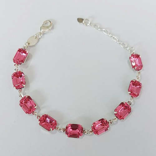 PULSEIRA FOLHEADA A PRATA COM 50 MILÉSIMOS + VERNIZ DIAMOND - PULSEIRA COM ZIRCÔNIAS ROSA - TAMANHO: 15CM + EXTENSOR - PRA788