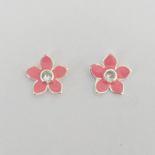 BRINCO FOLHEADO A PRATA COM 50 MILÉSIMOS + VERNIZ DIAMOND - BRINCO DE PINO FLOR COM ZIRCÔNIA ESMALTADA ROSA 15MM PRA815