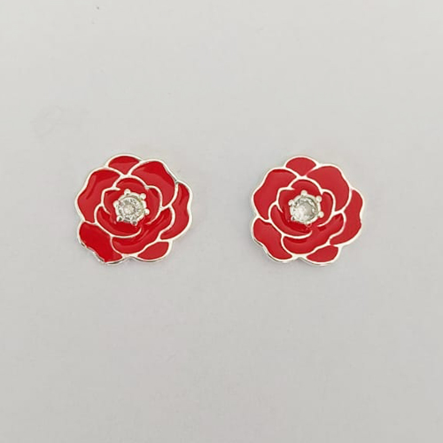 BRINCO FOLHEADO A PRATA COM 50 MILÉSIMOS + VERNIZ DIAMOND - BRINCO DE PINO FLOR ESMALTADA VERMELHA COM ZIRCÔNIA 15MM PRA838
