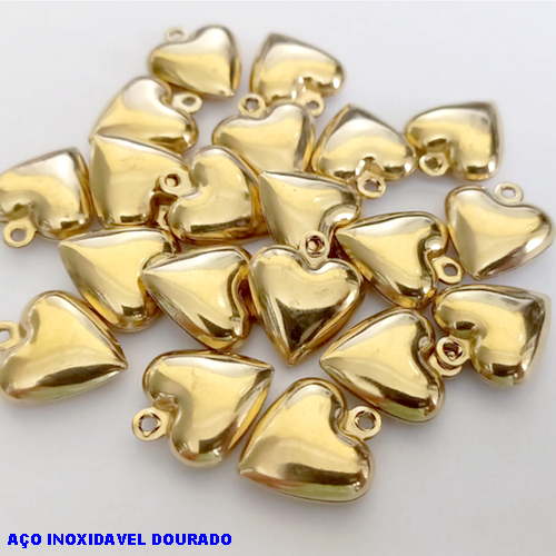 ACESSORIO EM AÇO INOXIDAVEL (DOURADO)(CX146) PINGENTE CORAÇÃO DUPLO DE 12MM - TAMANHO 1,2CM / AÇO2311