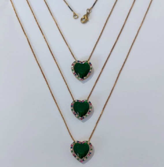 GARGANTILHA NO BRUTO PRONTA PARA O BANHO - KIT COM 3 GARG. COM CORRENTES VENEZIANA 45CM E PINGENTES COM BASES EM ALTA FUSÃO CORAÇÃO CRAVEJADAS COM MICROS ZIRCÔNIAS COLORIDA E PEDRA EM ZIRCÔNIA 10MM - PESO TOTAL 3,4GR/UNIDADE - BRU0003752