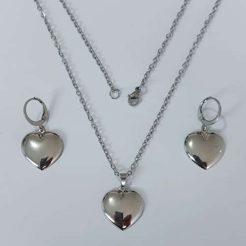CONJUNTO EM AÇO INOXIDÁVEL(CX147)- CORRENTE DE 45CM (03) BRINCOS ARGOLAS DE PRESSÃO COM PINGENTES CORAÇÃO LISO 17MM AÇO2321