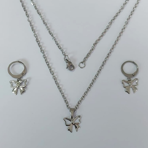 CONJUNTO EM AÇO INOXIDÁVEL(CX147) - CORRENTE DE 45CM (03) BRINCOS ARGOLAS DE PRESSÃO COM PINGENTES LAÇO VAZADO 12MM AÇO2322