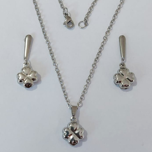 CONJUNTO EM AÇO INOXIDÁVEL(CX147) - CORRENTE DE 45CM (03) BRINCOS DE PINO BASE LISA COM PINGENTES TREVO DUPLO LISO 11MM AÇO23224