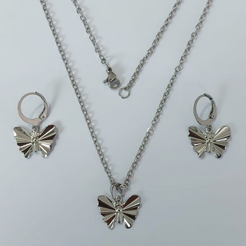 CONJUNTO EM AÇO INOXIDÁVEL(CX147) - CORRENTE DE 45CM (03) BRINCOS ARGOLA DE PRESSÃO PINGENTES BORBOLETA LISA 16MM AÇO23226