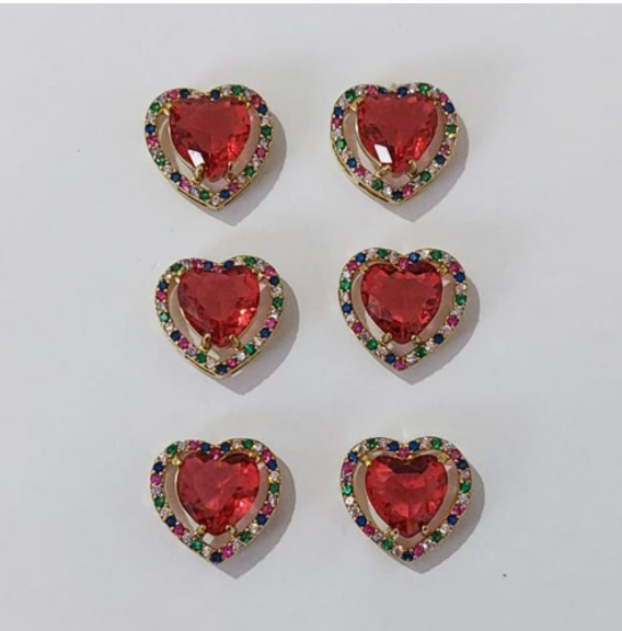 BRINCO NO BRUTO PRONTO PARA O BANHO - KIT COM 3 BRINCOS DE PINO COM BASE EM ALTA FUSÃO CRAVEJADA EM MICRO ZIRCONIA COLORIDA DE 14MM E PEDRA DE ZIRCONIAS DE10X10MMMM - PESO DO PAR 3.8GR - BRU3823